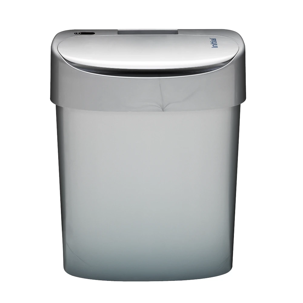 no touch sanitary bin silver, front view