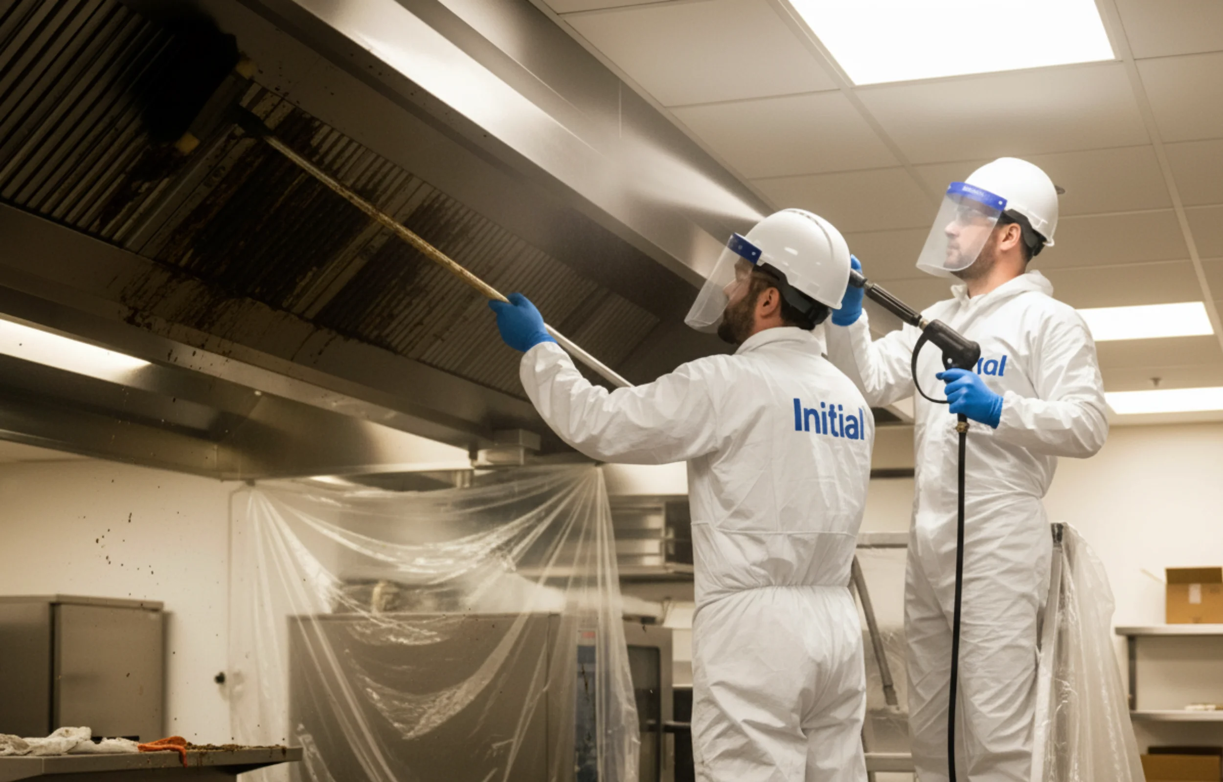Technicians professionally cleaning a commercial kitchen hood