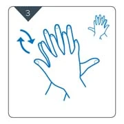 Step 3.  Fingers interlaced, rub hands together, then right palm to back of left hand and vice versa