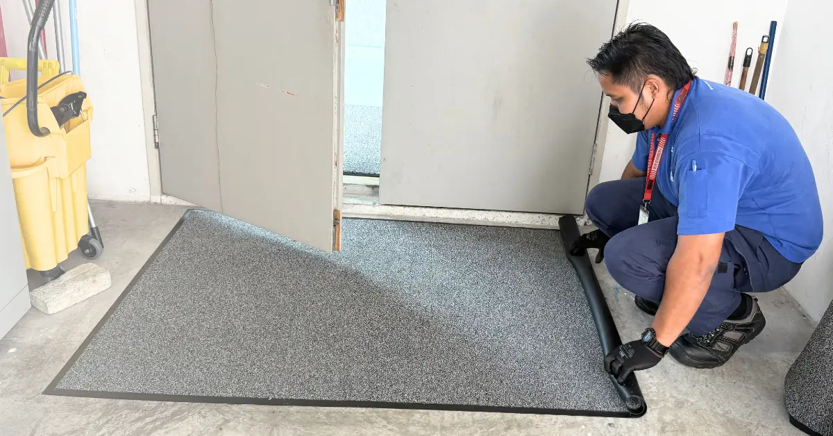 Professional mat exchange service by an Initial technician ensuring clean and safe flooring with dust control mat
